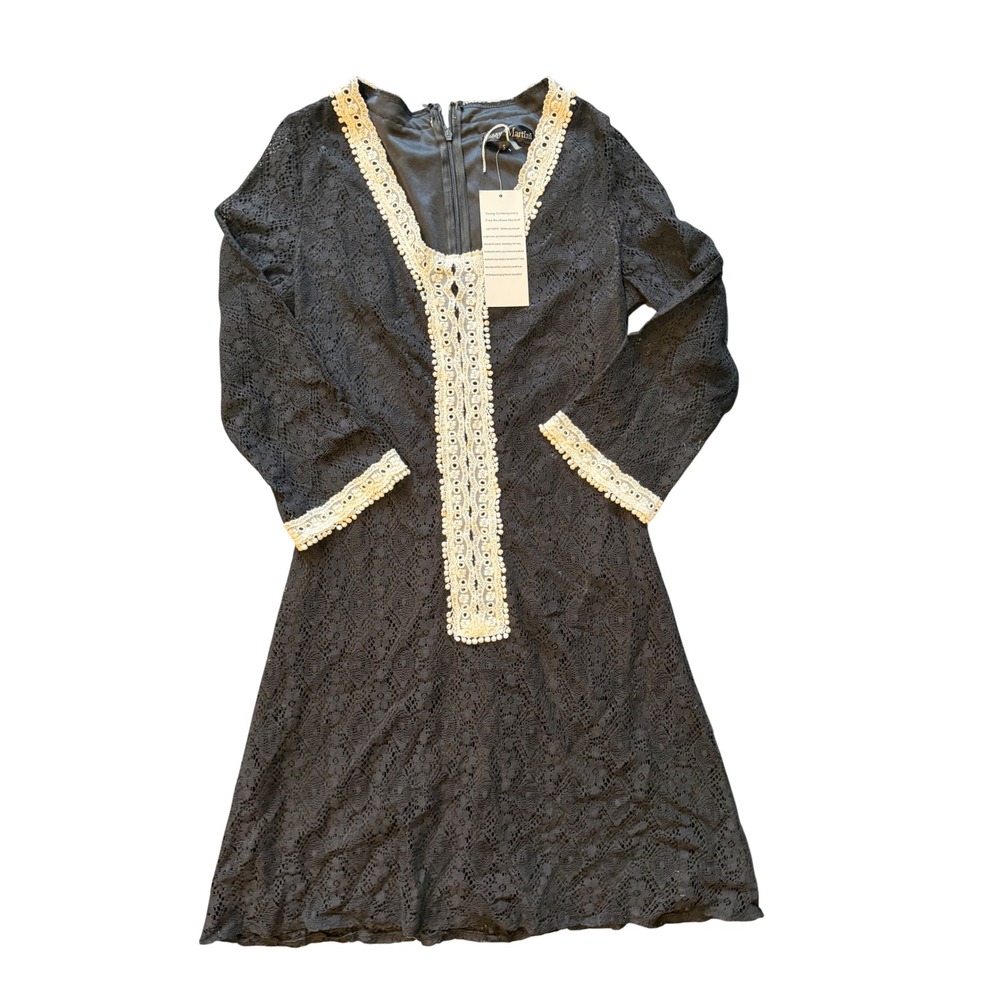 Black Lace Crochet Trim Boho Mini Dress Vintage Inspired Romantic Fit/Flare NWT